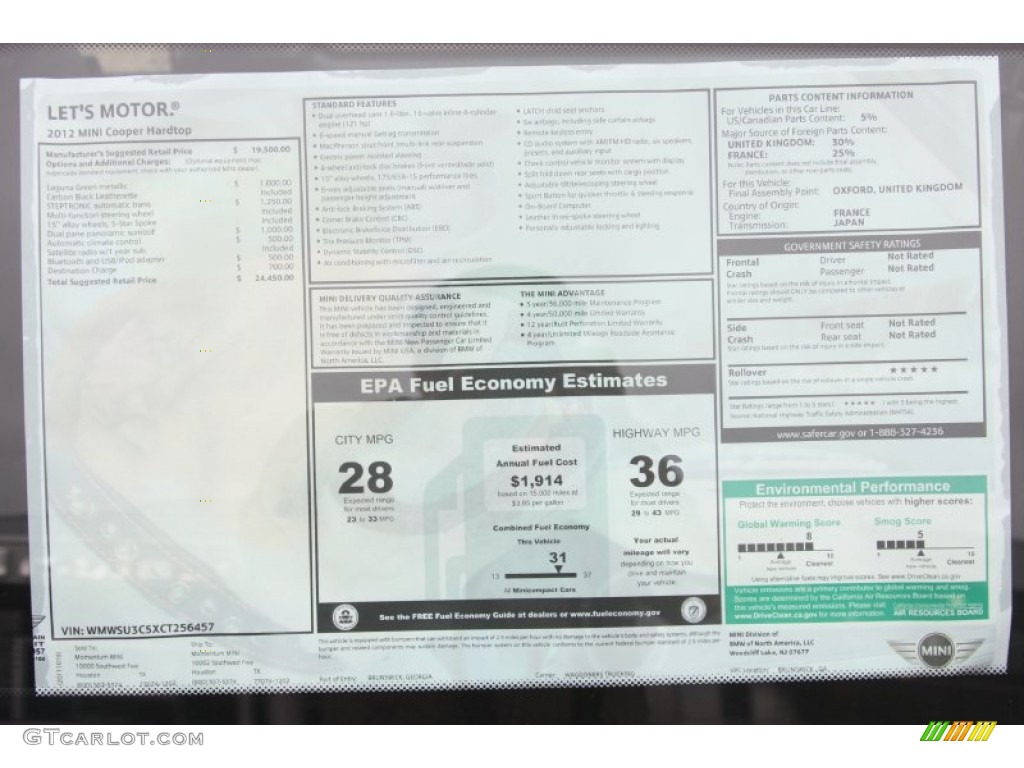 2012 Mini Cooper Hardtop Window Sticker Photo #55868986
