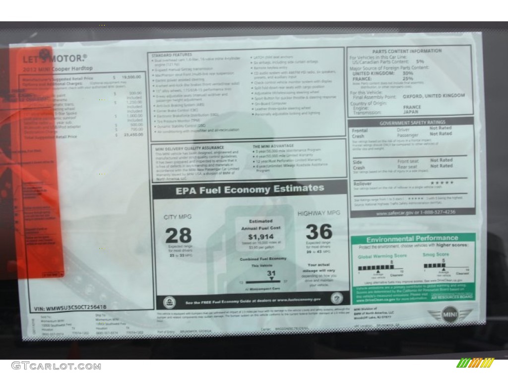 2012 Mini Cooper Hardtop Window Sticker Photo #55869121