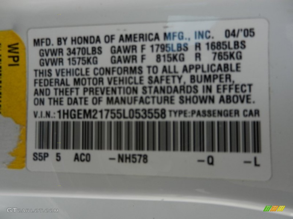 2005 Civic Color Code NH578 for Taffeta White Photo #55883053