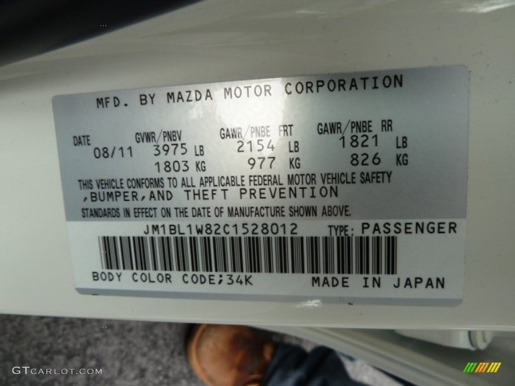 2012 MAZDA3 Color Code 34K for Crystal White Pearl Mica Photo #55885142