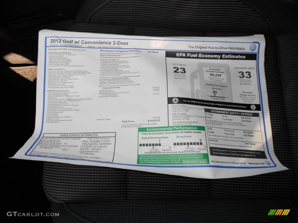 2012 Volkswagen Golf 2 Door Window Sticker Photo #55920771
