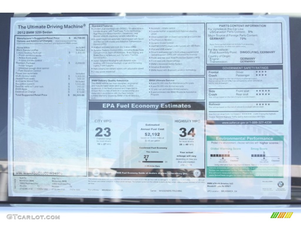 2012 BMW 5 Series 528i Sedan Window Sticker Photo #55921857