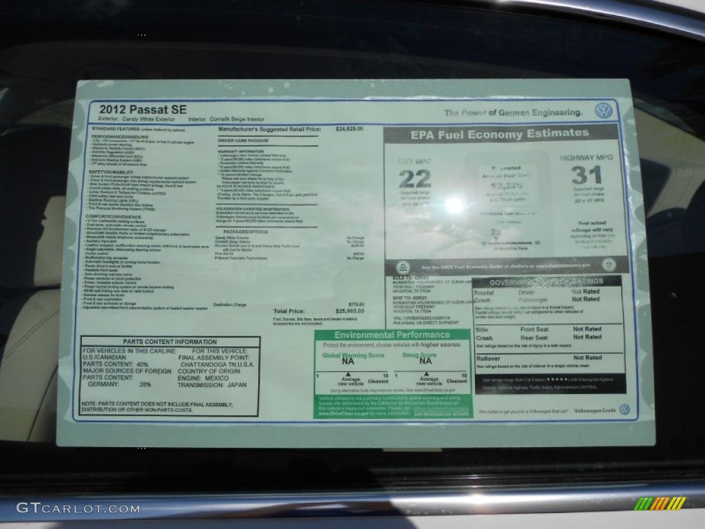2012 Volkswagen Passat 2.5L SE Window Sticker Photo #55921921