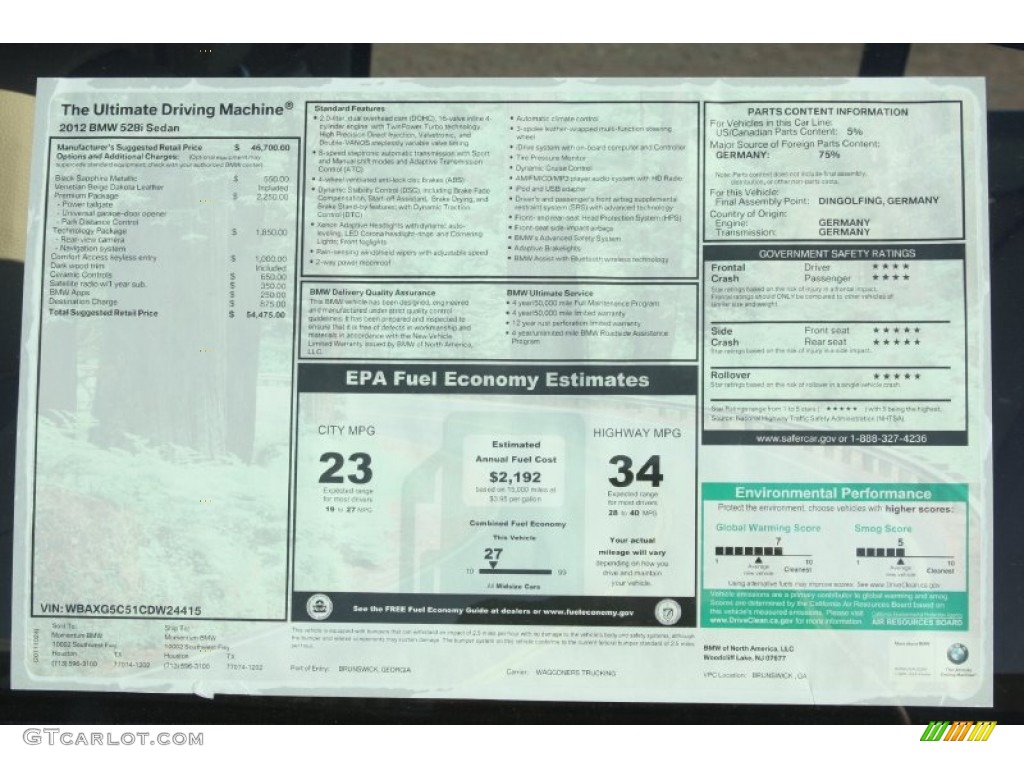 2012 BMW 5 Series 528i Sedan Window Sticker Photo #55922115