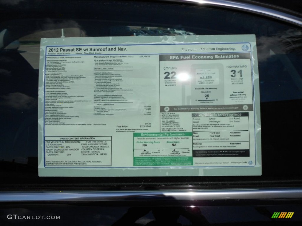 2012 Volkswagen Passat 2.5L SE Window Sticker Photo #55922355