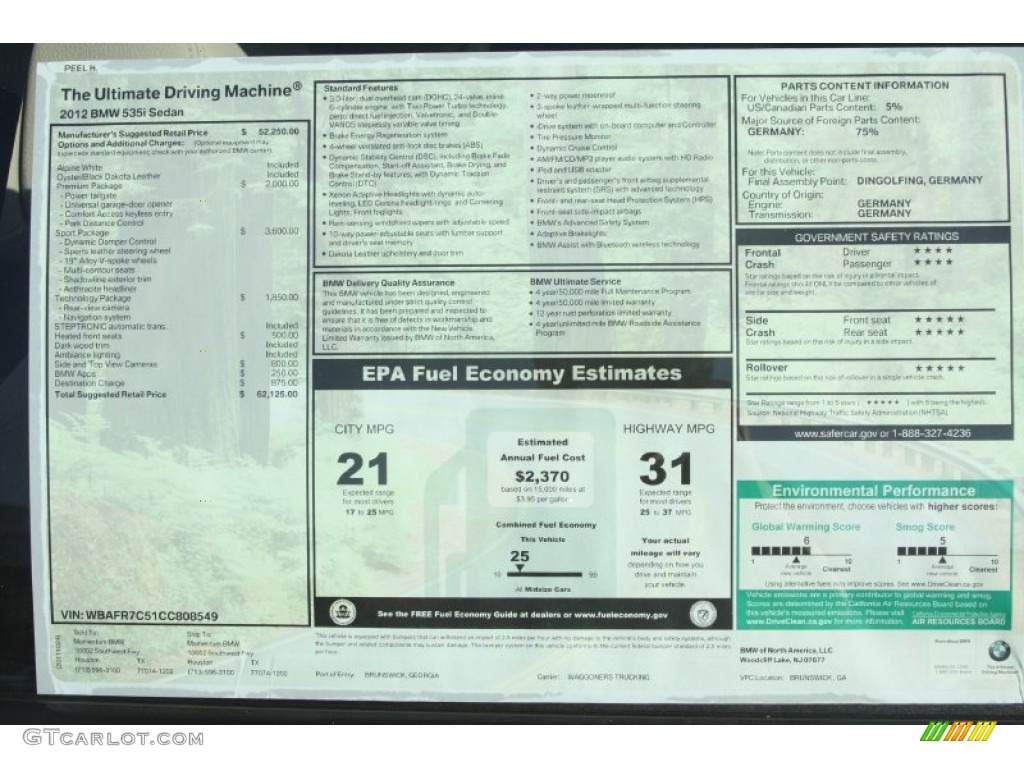 2012 BMW 5 Series 535i Sedan Window Sticker Photo #55922622