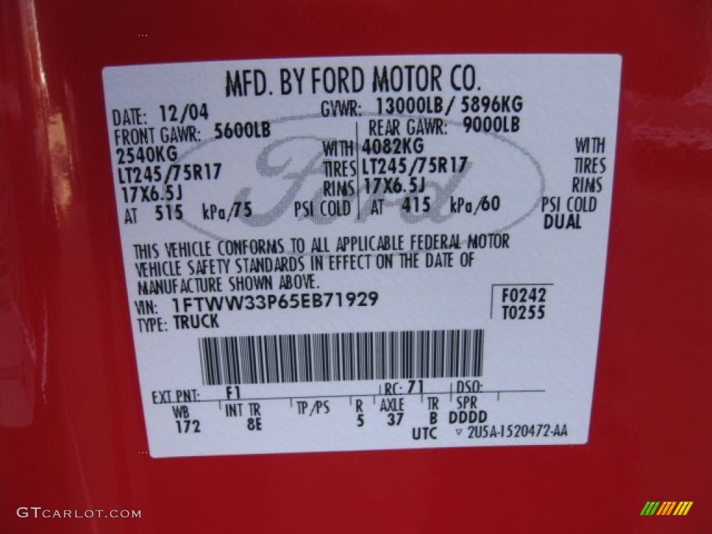 2005 F350 Super Duty Color Code F1 for Red Photo #55930114