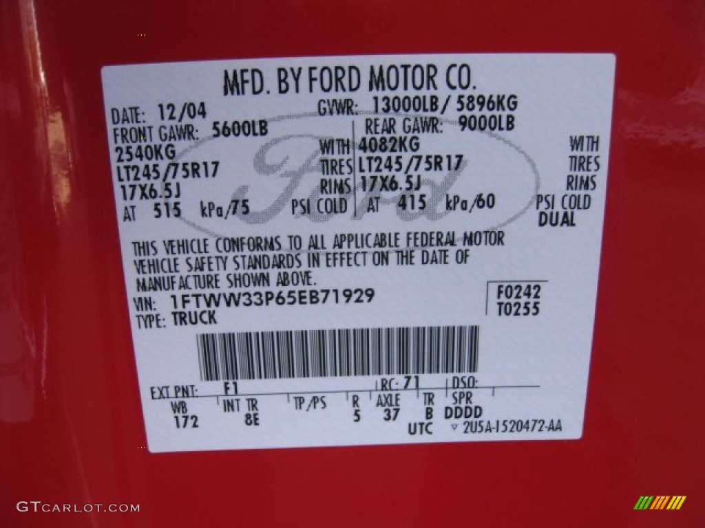2005 Ford F350 Super Duty Lariat Crew Cab 4x4 Chassis Color Code Photos