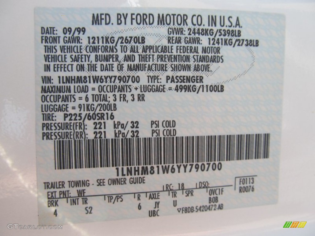 2000 Town Car Color Code WF for White Pearlescent Tri-Coat Photo #55944484
