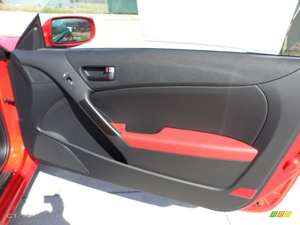 2012 Hyundai Genesis Coupe 2.0T R-Spec Black Leather/Red Cloth Door Panel Photo #55951825