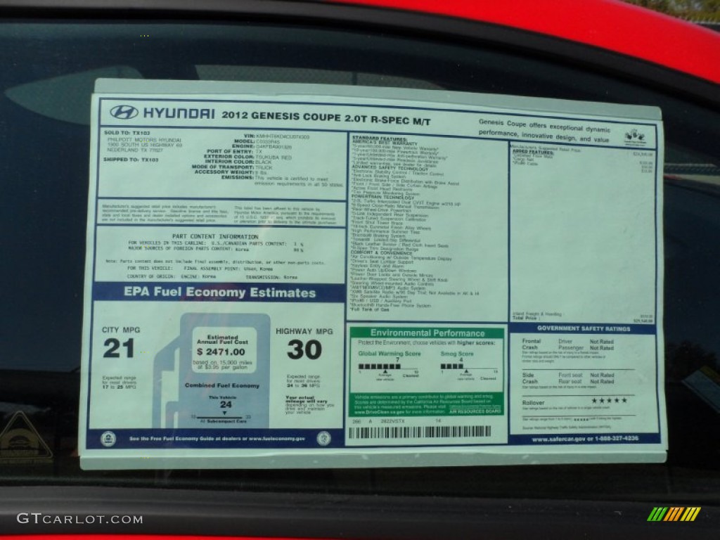 2012 Hyundai Genesis Coupe 2.0T R-Spec Window Sticker Photo #55951909