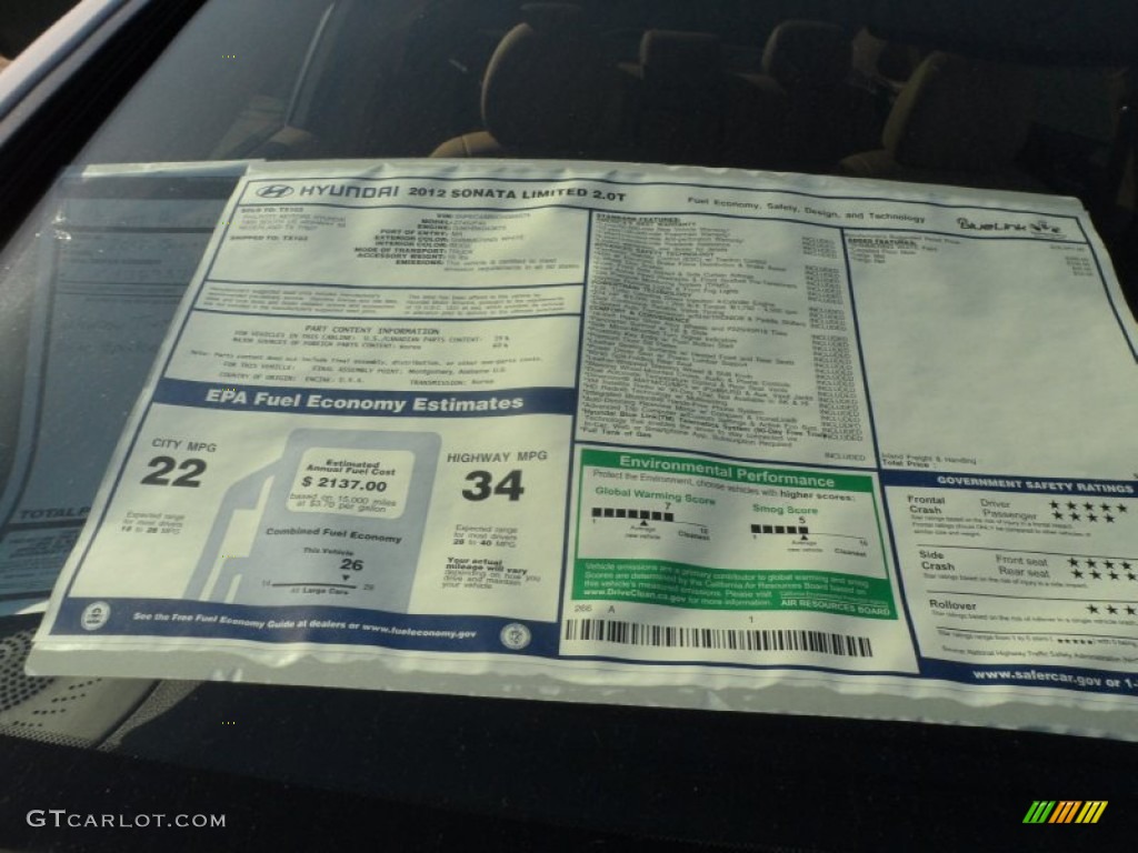 2012 Hyundai Sonata Limited 2.0T Window Sticker Photo #55953102