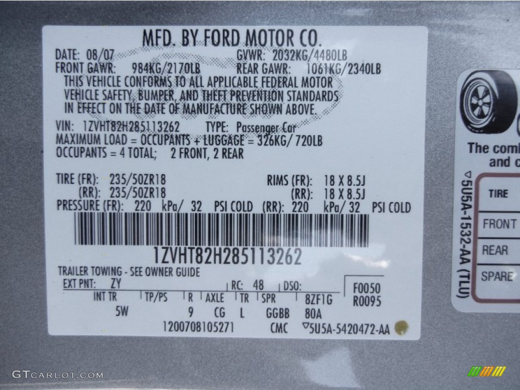 2008 Mustang Color Code ZY for Vapor Silver Metallic Photo #55973185
