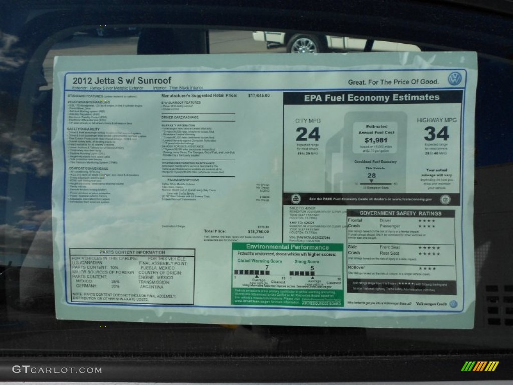 2012 Volkswagen Jetta S Sedan Window Sticker Photo #55978539