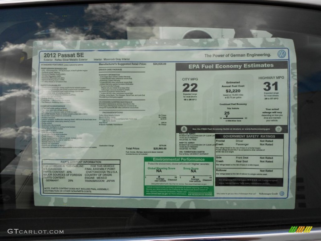 2012 Volkswagen Passat 2.5L SE Window Sticker Photo #55980337