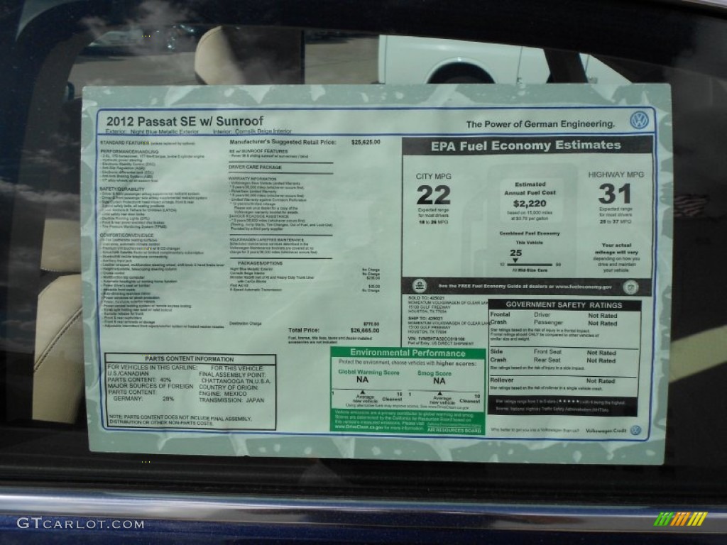 2012 Volkswagen Passat 2.5L SE Window Sticker Photo #55980544
