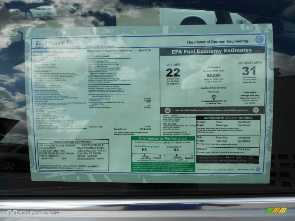 2012 Volkswagen Passat 2.5L SE Window Sticker Photo #55980743