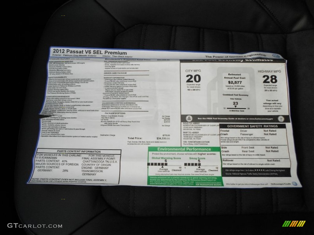 2012 Volkswagen Passat V6 SEL Window Sticker Photo #55980958