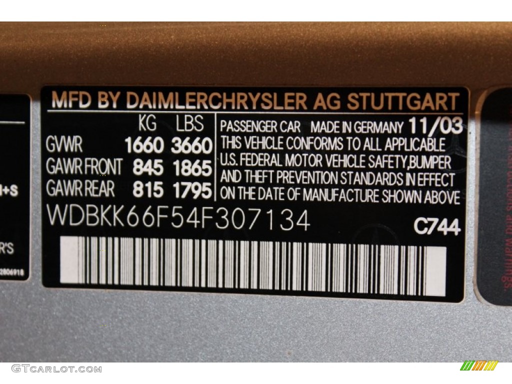 2004 Mercedes-Benz SLK 32 AMG Roadster Color Code Photos