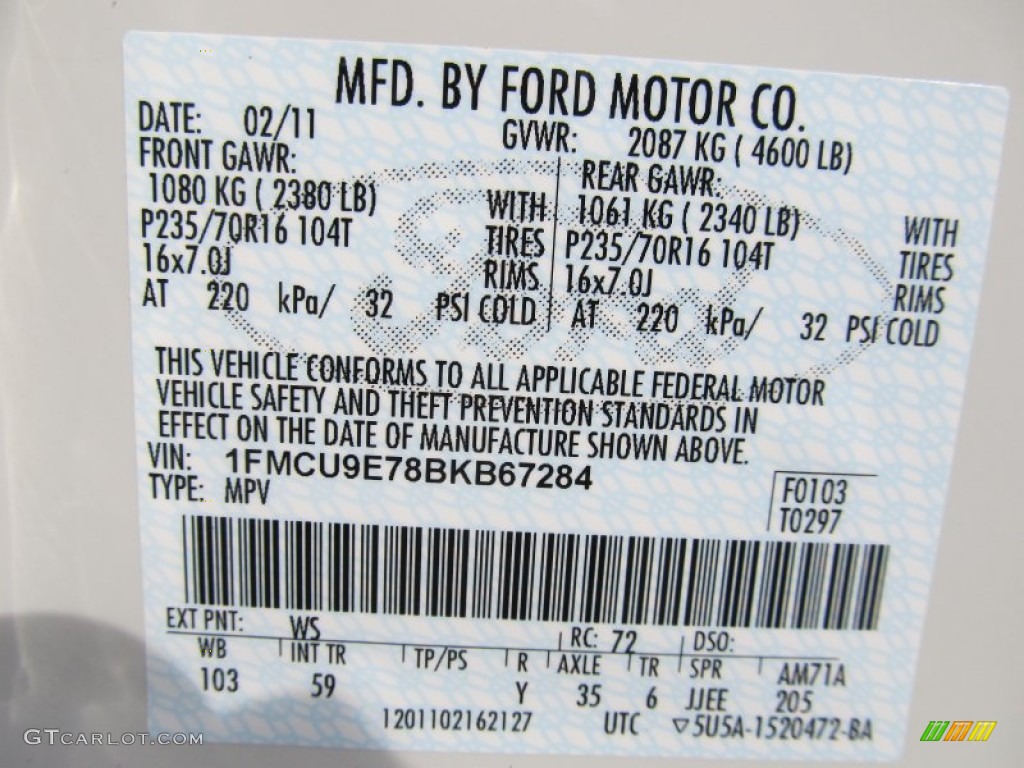 2011 Ford Escape Limited 4WD Color Code Photos