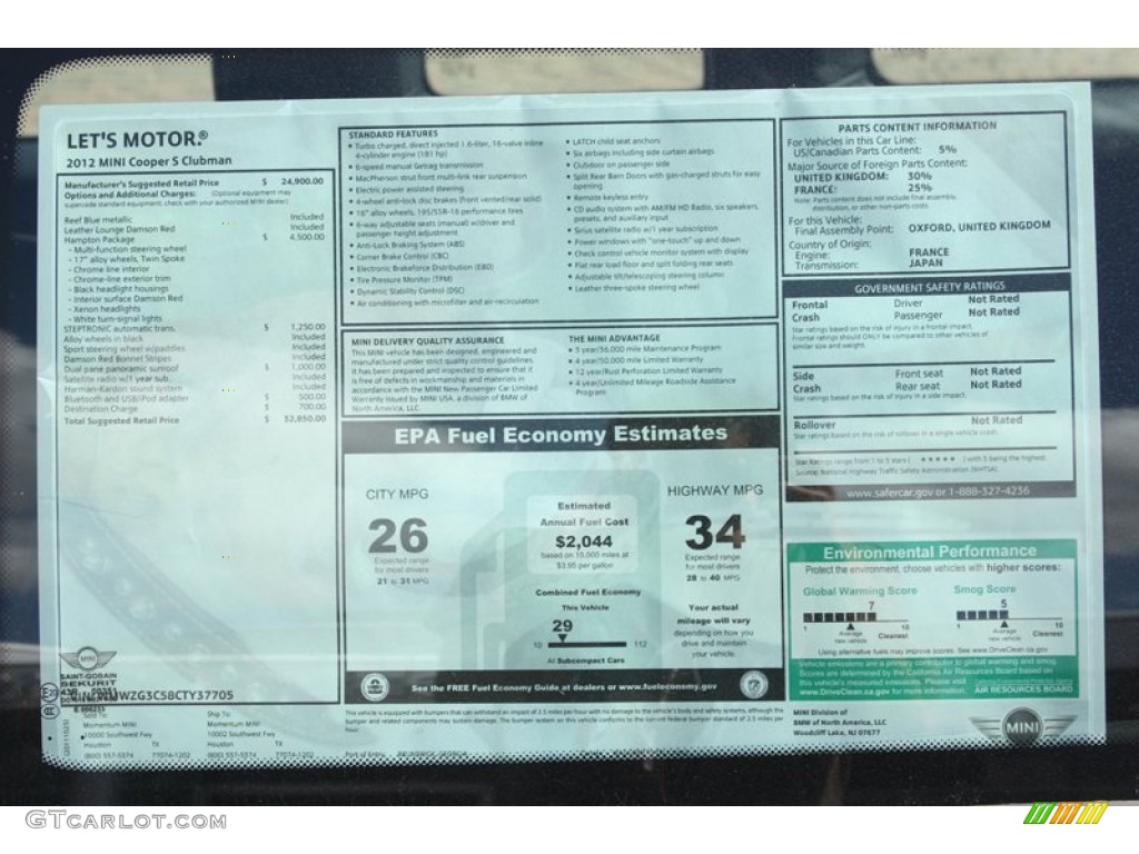 2012 Mini Cooper S Clubman Hampton Package Window Sticker Photo #56018949