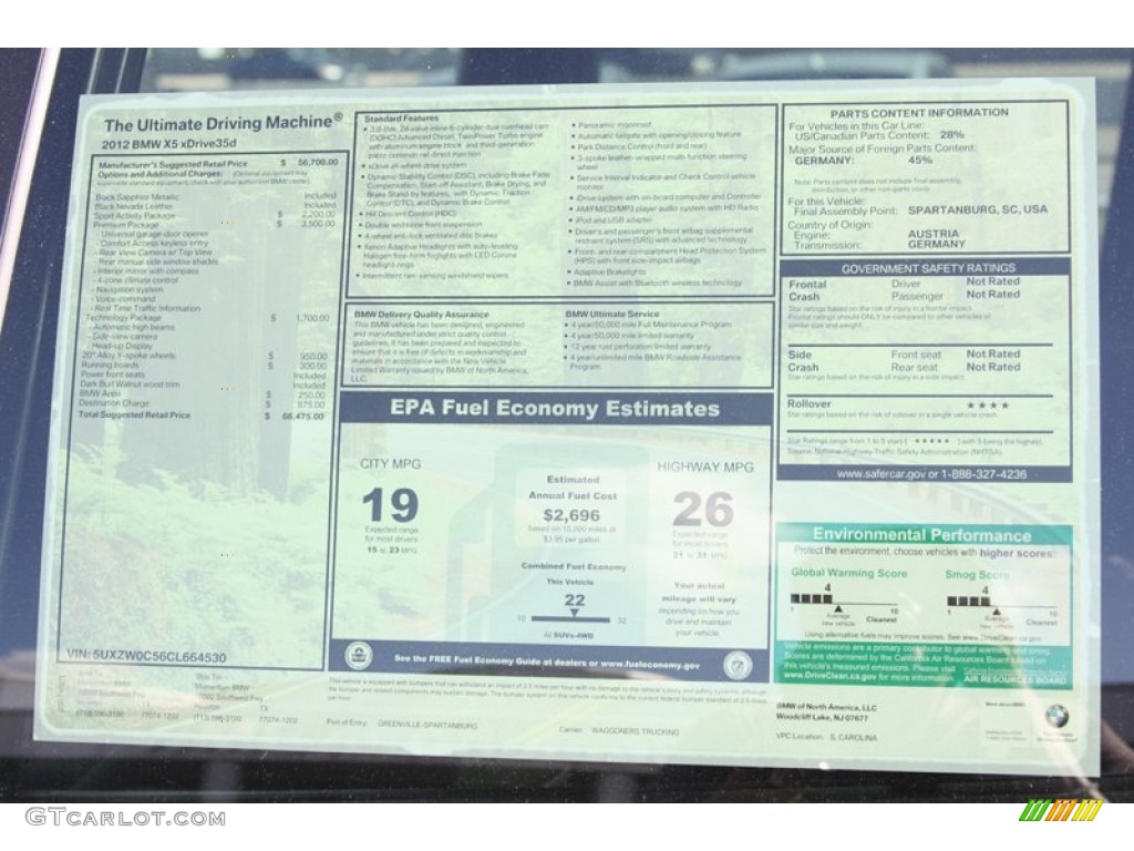 2012 BMW X5 xDrive35d Window Sticker Photo #56019872
