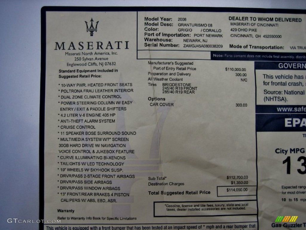 2008 Maserati GranTurismo Standard GranTurismo Model Window Sticker Photo #56021825