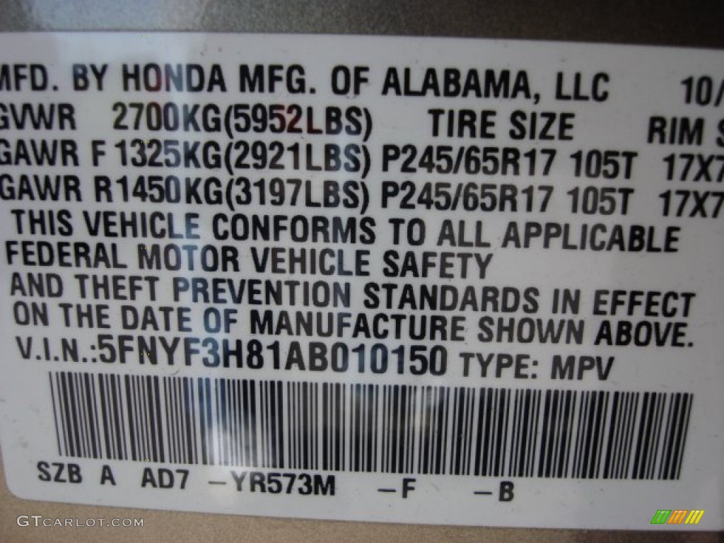 2010 Pilot Color Code YR573M for Mocha Metallic Photo #56024735