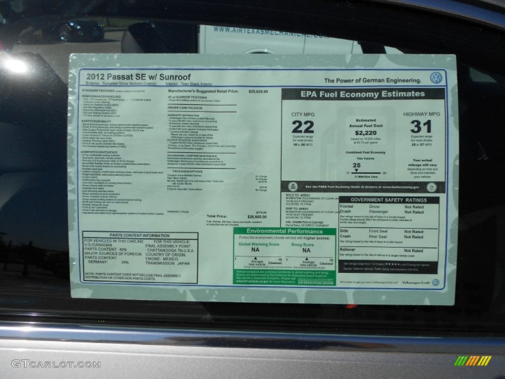 2012 Volkswagen Passat 2.5L SE Window Sticker Photo #56029007