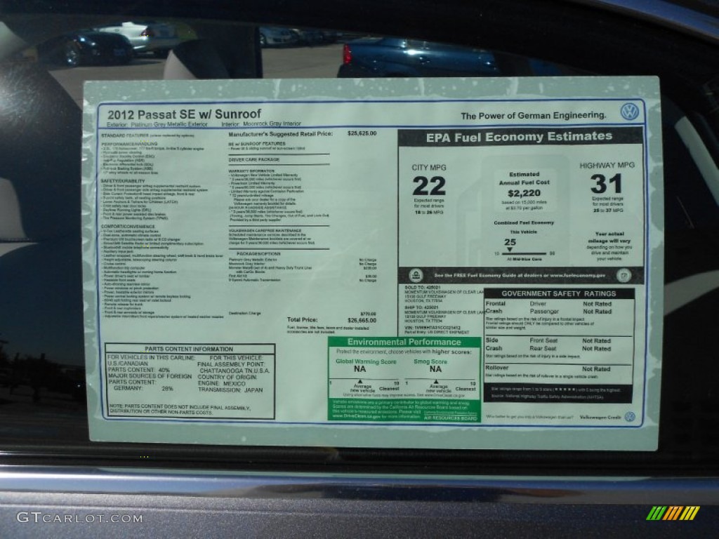 2012 Volkswagen Passat 2.5L SE Window Sticker Photo #56029279