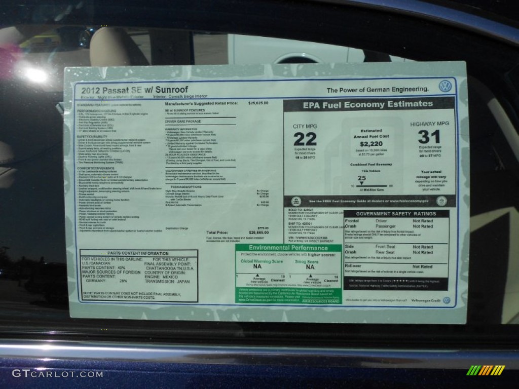 2012 Volkswagen Passat 2.5L SE Window Sticker Photo #56029487