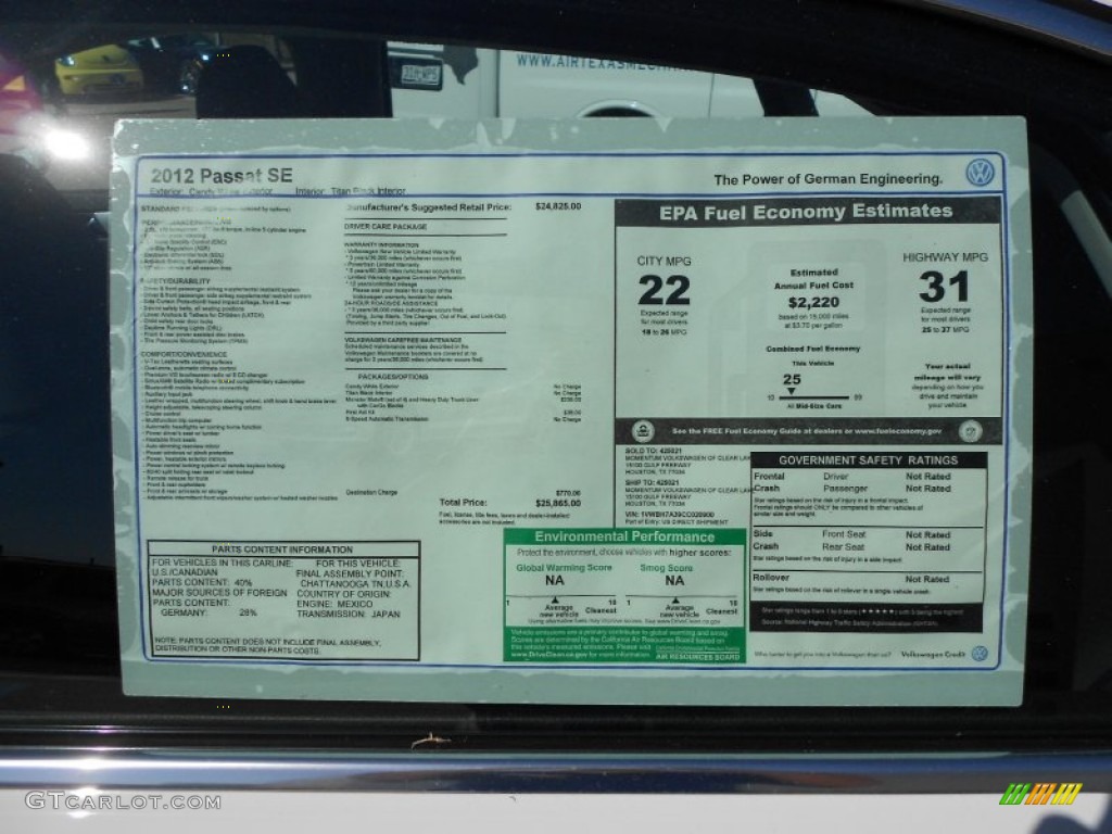 2012 Volkswagen Passat 2.5L SE Window Sticker Photo #56029685