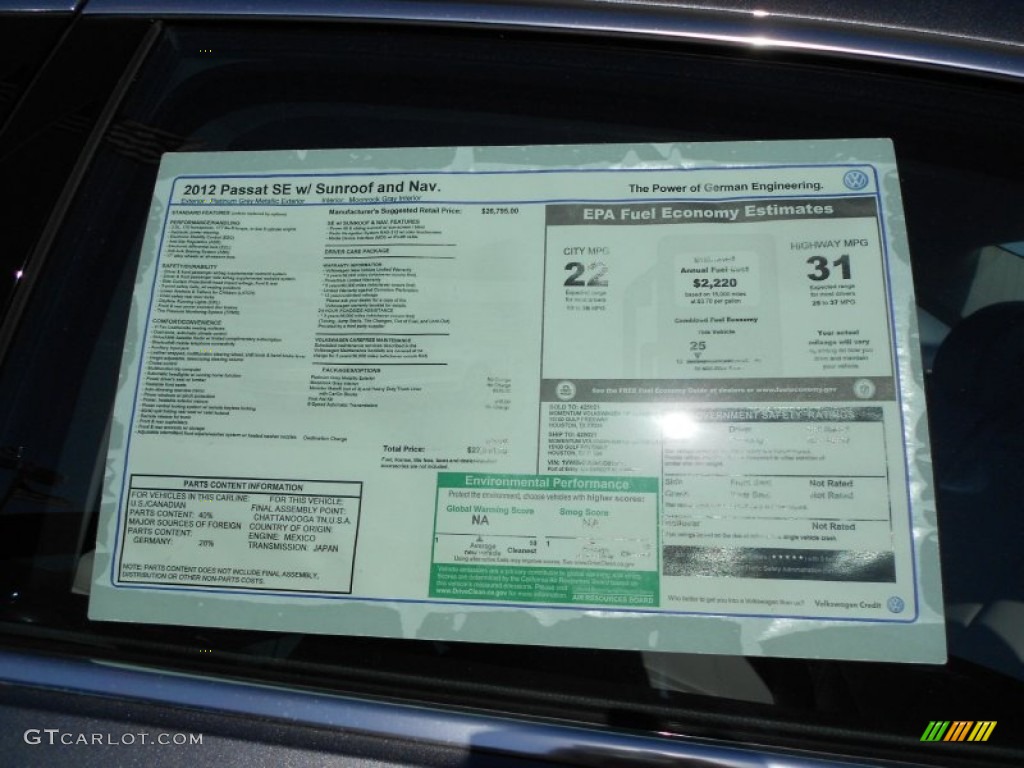 2012 Volkswagen Passat 2.5L SE Window Sticker Photo #56029895