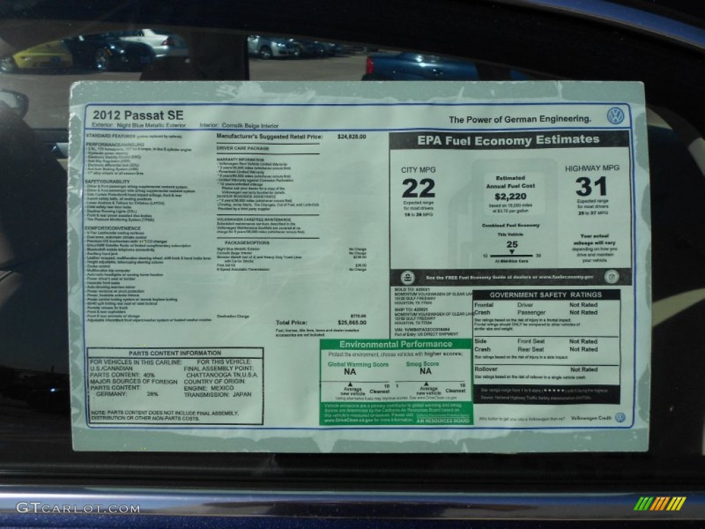 2012 Volkswagen Passat 2.5L SE Window Sticker Photo #56030294