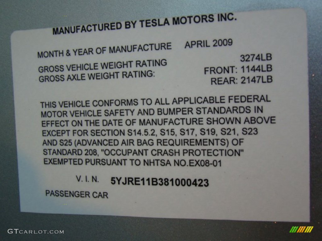 2008 Tesla Roadster Standard Roadster Model Info Tag Photos