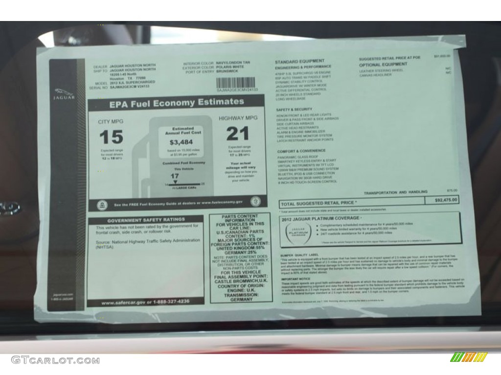 2012 Jaguar XJ XJL Supercharged Window Sticker Photo #56055671