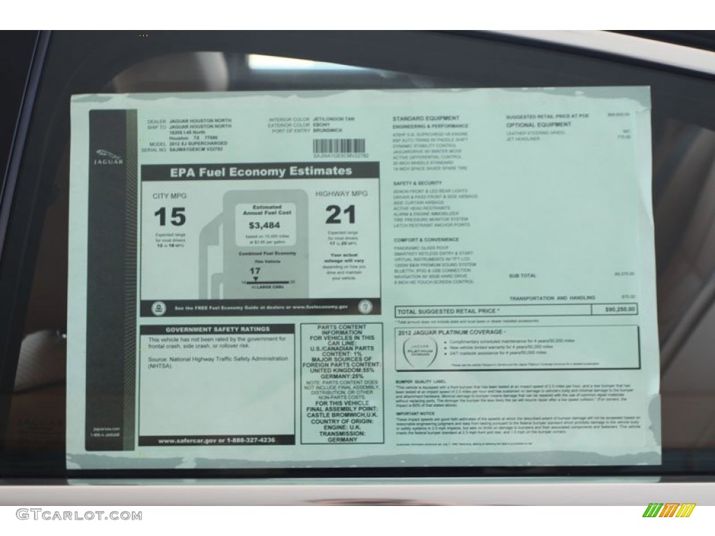 2012 Jaguar XJ XJ Supercharged Window Sticker Photo #56056091