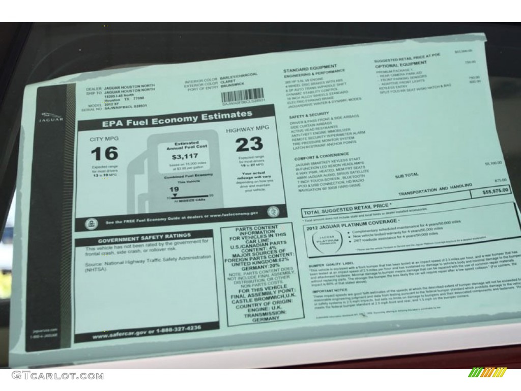 2012 Jaguar XF Standard XF Model Window Sticker Photo #56058136