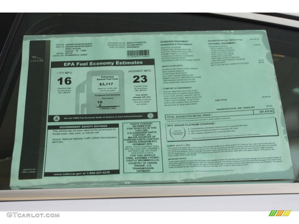 2012 Jaguar XF Standard XF Model Window Sticker Photo #56058623