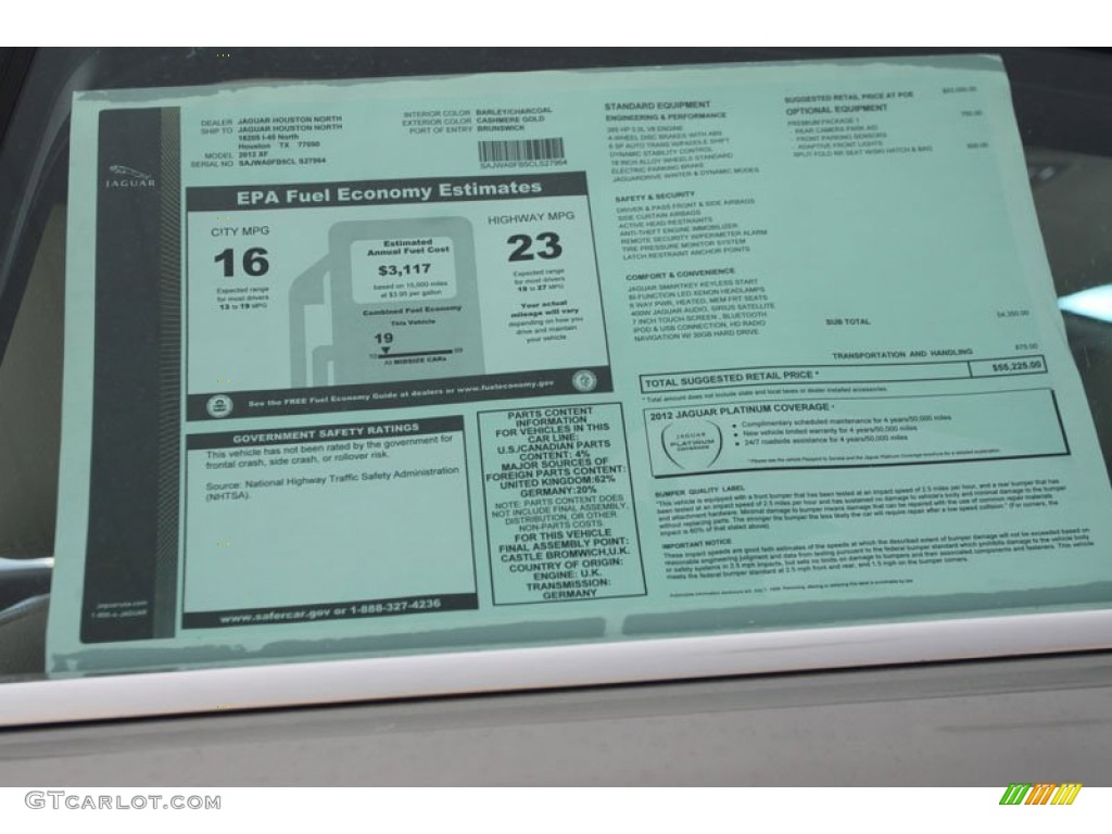 2012 Jaguar XF Standard XF Model Window Sticker Photo #56059064