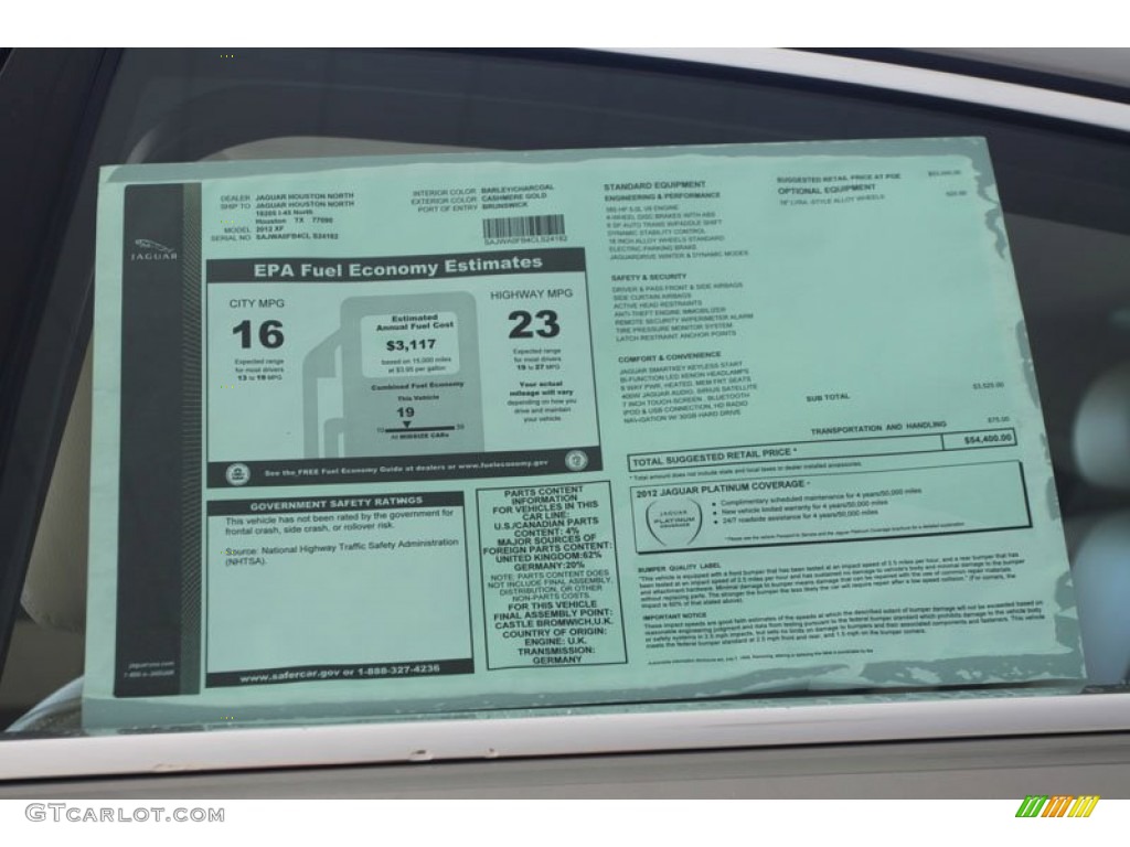 2012 Jaguar XF Standard XF Model Window Sticker Photo #56060513
