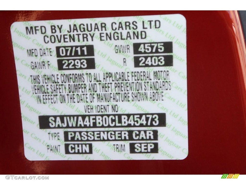 2012 XK Color Code CHN for Claret Red Metallic Photo #56061215