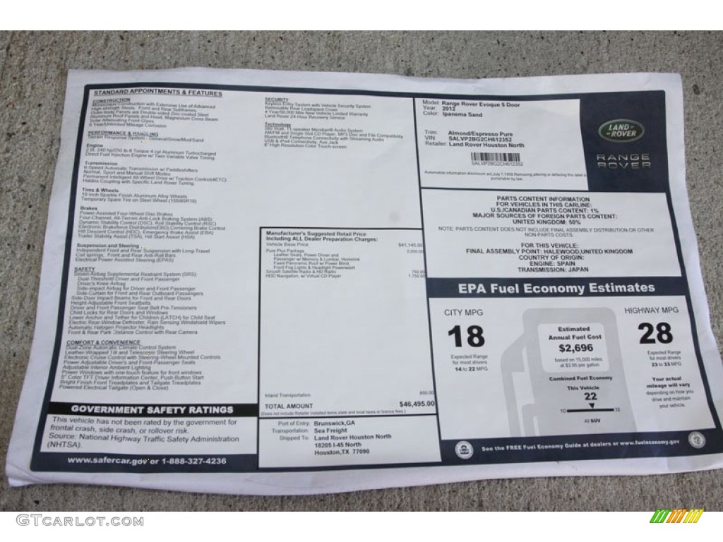 2012 Land Rover Range Rover Evoque Pure Window Sticker Photo #56061446