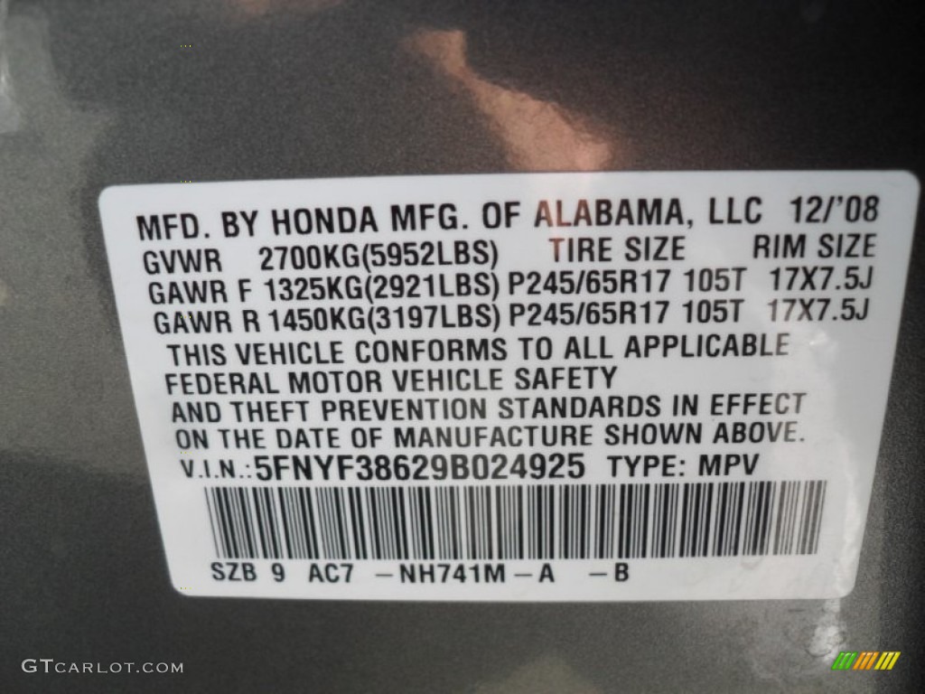 2009 Pilot Color Code NH741M for Sterling Gray Metallic Photo #56064107