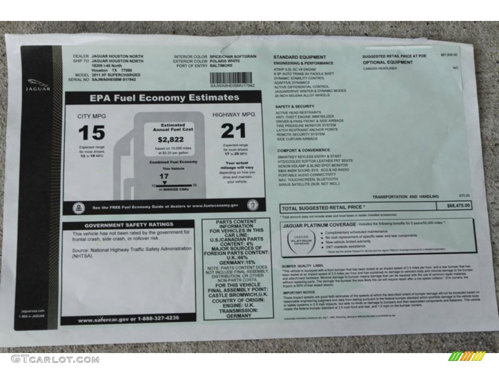 2011 Jaguar XF XF Supercharged Sedan Window Sticker Photo #56065946