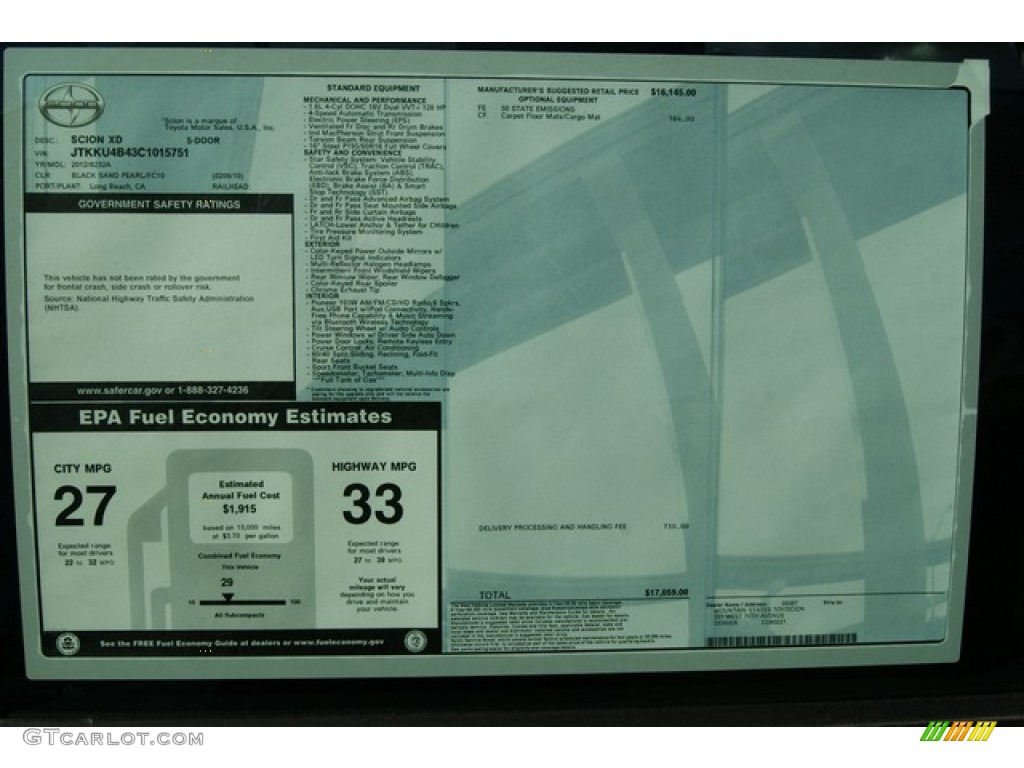 2012 Scion xD Standard xD Model Window Sticker Photo #56069237