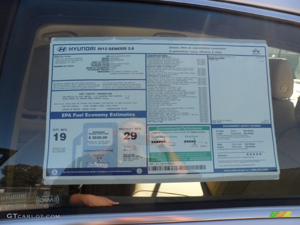 2012 Hyundai Genesis 3.8 Sedan Window Sticker Photo #56079632