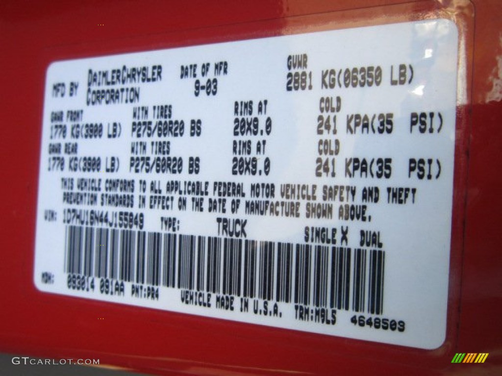 2004 Ram 1500 Color Code PR4 for Flame Red Photo #56089015