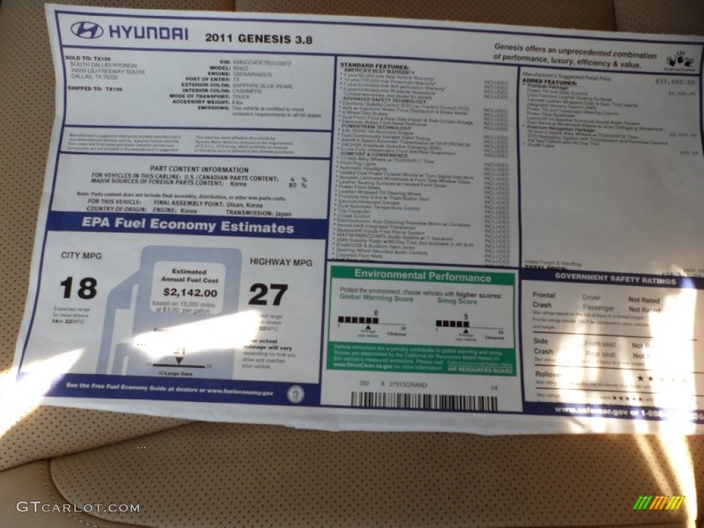 2011 Hyundai Genesis 3.8 Sedan Window Sticker Photos