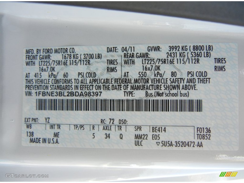2011 E Series Van Color Code YZ for Oxford White Photo #56123819